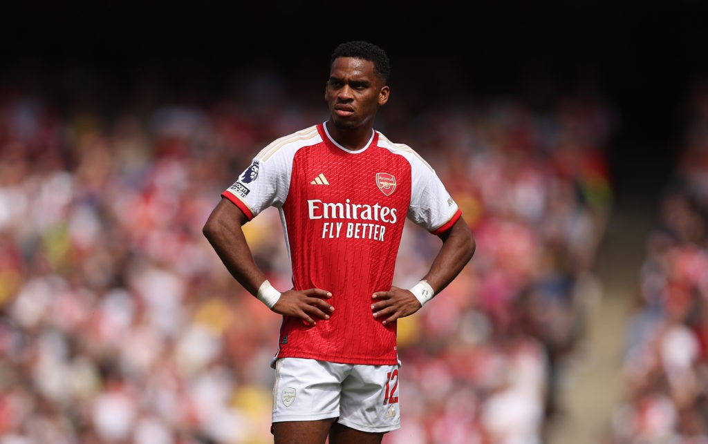 LONDON, ENGLAND - AUGUST 12: Jurrien Timber of Arsenal looks on during the Premier League match between Arsenal FC and Nottingham Forest at Emirates Stadium on August 12, 2023 in London, England. (Photo by Julian Finney/Getty Images)