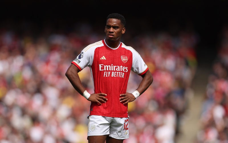 LONDON, ENGLAND - AUGUST 12: Jurrien Timber of Arsenal looks on during the Premier League match between Arsenal FC and Nottingham Forest at Emirate...