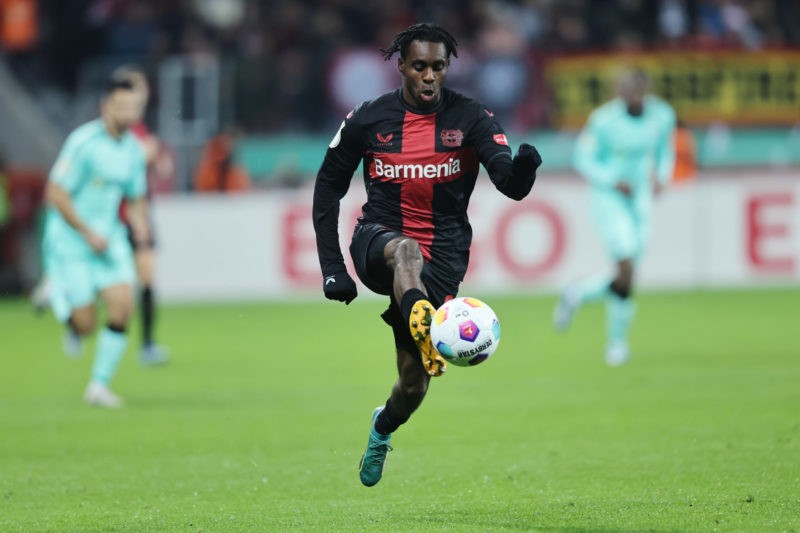LEVERKUSEN, GERMANY - DECEMBER 06: Jeremie Frimpong of Leverkusen runs with the ball during the DFB cup round of 16 match between Bayer 04 Leverkus...