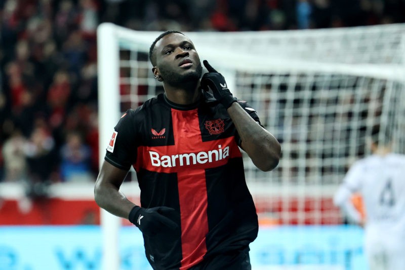 LEVERKUSEN, GERMANY - DECEMBER 20: Victor Boniface of Bayer Leverkusen celebrates after scoring their team's fourth goal during the Bundesliga matc...