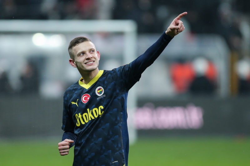 ISTANBUL, TURKEY - DECEMBER 9: Sebastian Szymanski of Fenerbahce celebrates victory during the Turkish Super League match between Besiktas and Fenerbahce at Besiktas Park Stadium on December 9, 2023 in Istanbul, Turkey. (Photo by Ahmad Mora/Getty Images)