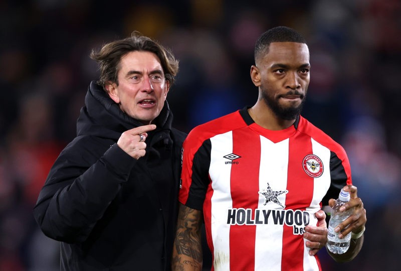 BRENTFORD, ENGLAND - JANUARY 20: Brentford Manager Thomas Frank celebrates his sides victory with player of the Match Ivan Toney during the Premier...