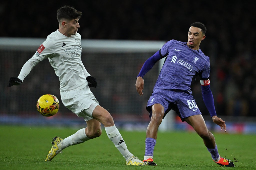 Arsenal's German midfielder #29 Kai Havertz (L) vies with Liverpool's English defender #66 Trent Alexander-Arnold (R) during the English FA Cup third round football match between Arsenal and Liverpool at the Emirates Stadium in London on January 7, 2024. (Photo by BEN STANSALL/AFP via Getty Images)