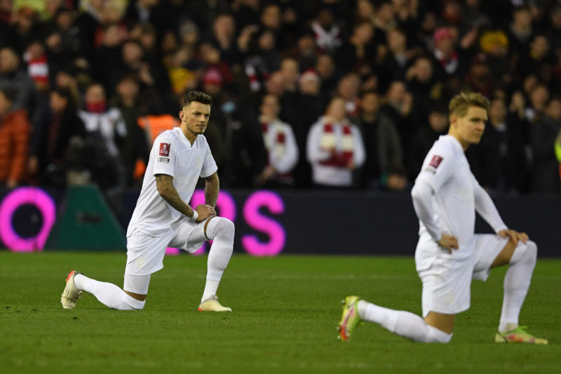 Declan Rice champions Arsenal's No More Red campaign ahead of Liverpool game 2 Arsenal's English defender Ben White (L) and Arsenal's Norwegian midfielder Martin Odegaard (R) take a knee in support of anti-racism campaigns, wearing a white kit to support the No More Red outreach and anti-knife crime initiative with adidas, before the English FA Cup third round football match between Nottingham Forest and Arsenal at The City Ground in Nottingham, central England, on January 9, 2022. - (Photo by Daniel LEAL / AFP)