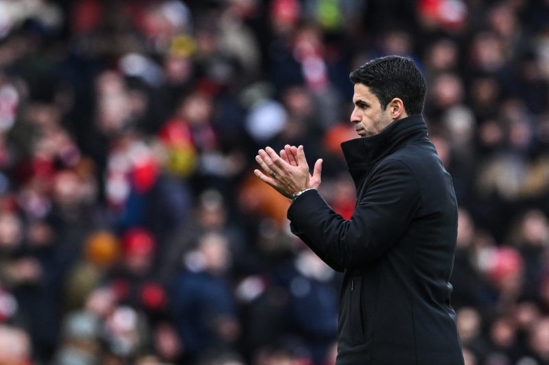 Arsenal's Spanish manager Mikel Arteta applauds at the end of the English Premier League football match between Arsenal and Crystal Palace at the E...