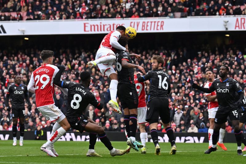 Daily Mail give away Arsenal's set-piece tricks 4 Arsenal's Brazilian defender #06 Gabriel Magalhaes (C) heads the ball as he scores his team first goal during the English Premier League football match between Arsenal and Crystal Palace at the Emirates Stadium in London on January 20, 2024. (Photo by BEN STANSALL/AFP via Getty Images)