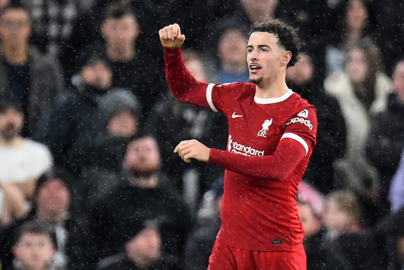Liverpool's English midfielder #17 Curtis Jones celebrates after scoring their second goal during the English Premier League football match between...