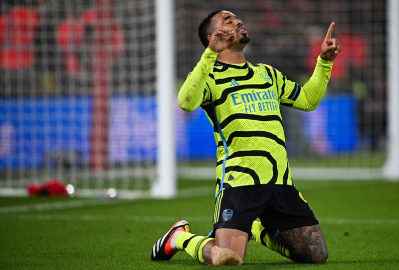 Arsenal's Brazilian striker #09 Gabriel Jesus celebrates after scoring his team first goal during the English Premier League football match between...