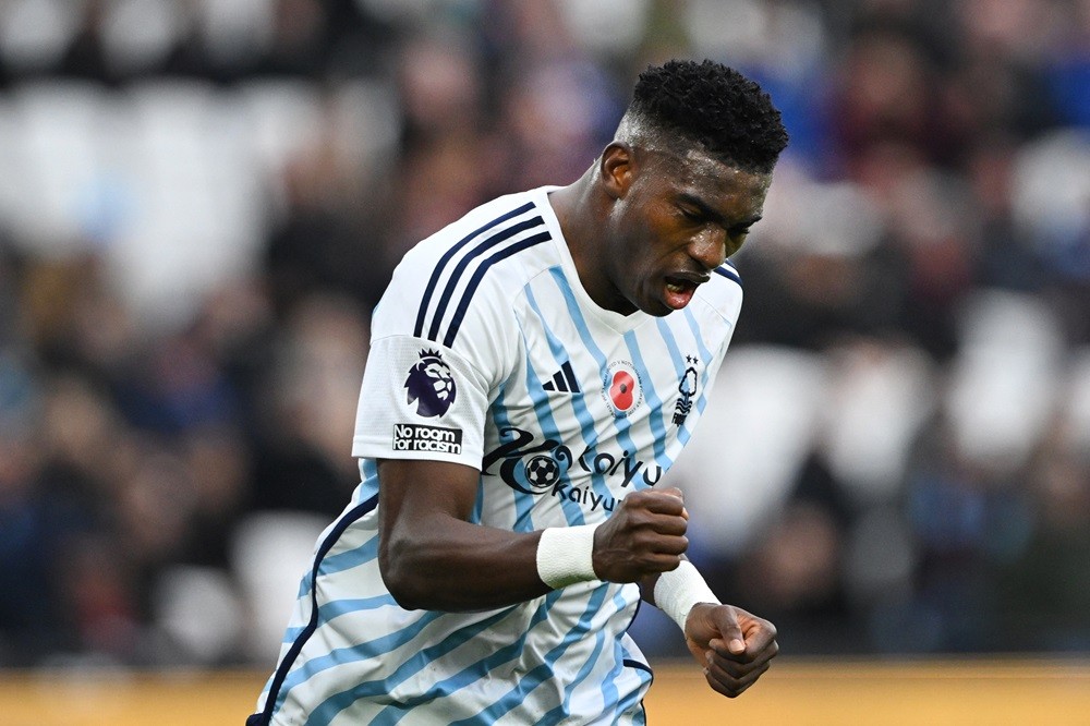 Nottingham Forest's Taiwo Awoniyi celebrates after scoring his team first goal during the English Premier League football match between West Ham United and Nottingham Forest at the London Stadium, in London on November 12, 2023. (Photo by JUSTIN TALLIS/AFP via Getty Images)