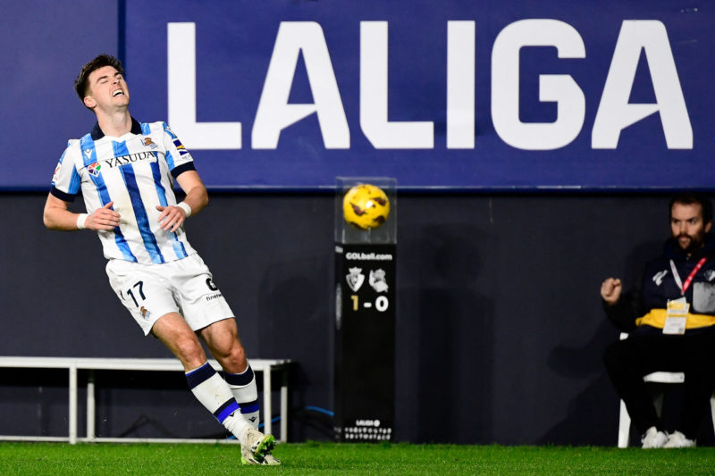 Real Sociedad's Scottish defender #17 Kieran Tierney reacts during the Spanish league football match between CA Osasuna and Real Sociedad at El Sad...