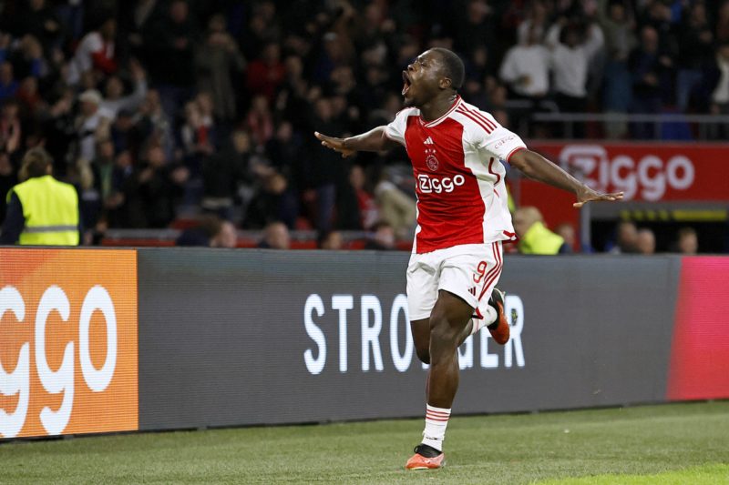 Ajax's Dutch foward #09 Brian Brobbey celebrates scoring Ajax's second goal during the Dutch Eredivisie match between Ajax Amsterdam and SC Heerenveen at The Johan Cruijff Arena in Amsterdam on November 5, 2023. (Photo by MAURICE VAN STEEN/ANP/AFP via Getty Images)