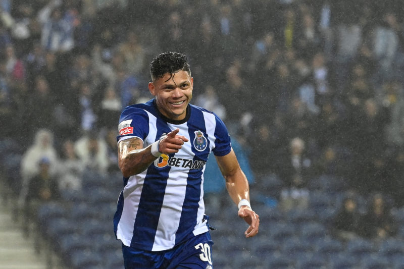 FC Porto's Brazilian forward #30 Evanilson Barbosa celebrates after scoring his team's first goal during the Portuguese league football match betwe...