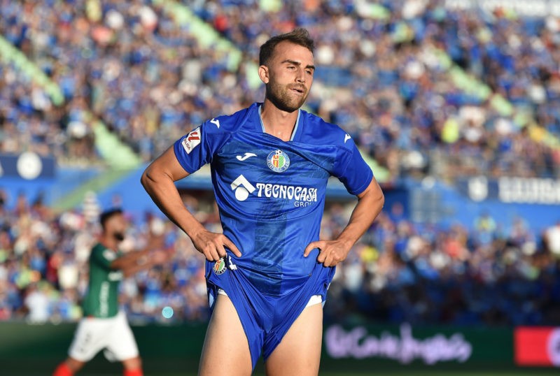 GETAFE, SPAIN - AUGUST 28: Borja Mayoral of Getafe CF reacts after missing a goal scoring opportunity during the LaLiga EA Sports match between Get...