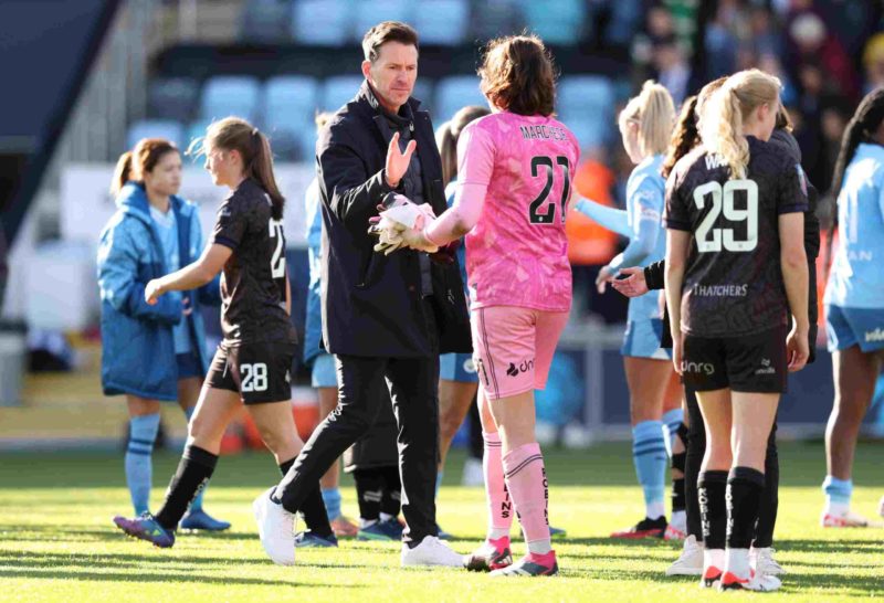 MANCHESTER, ENGLAND - OCTOBER 15: Gareth Taylor, Manager of Manchester City, shakes hands with Kaylan Marckese of Bristol City during the Barclays Women's Super League match between Manchester City and Bristol City at Joie Stadium on October 15, 2023 in Manchester, England. (Photo by Matt McNulty/Getty Images)