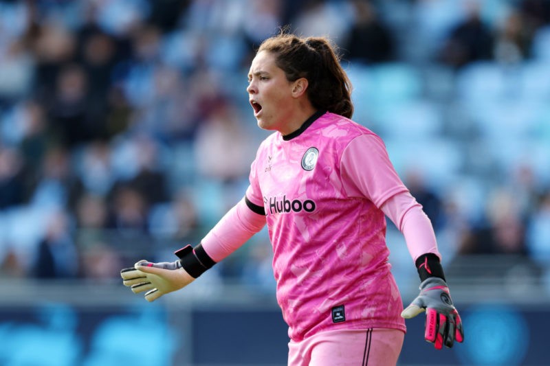 MANCHESTER, ENGLAND - OCTOBER 15: Kaylan Marckese of Bristol City reacts during the Barclays Women's Super League match between Manchester City and...