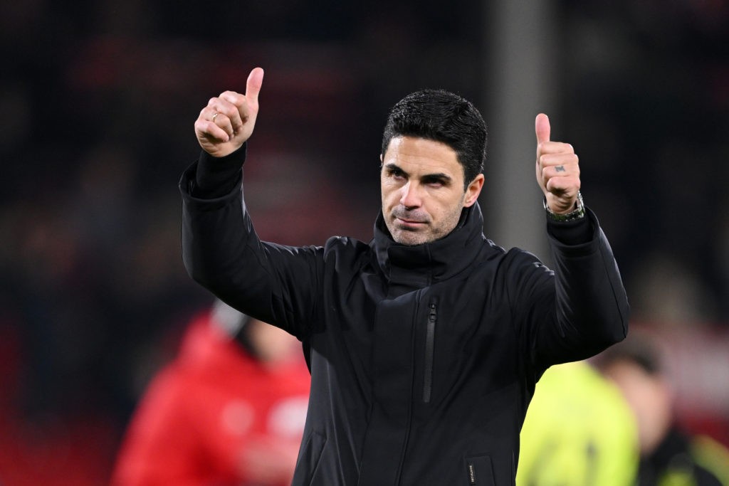 NOTTINGHAM, ENGLAND - JANUARY 30: Mikel Arteta, Manager of Arsenal, acknowledges the fans after the team's victory in the Premier League match between Nottingham Forest and Arsenal FC at City Ground on January 30, 2024 in Nottingham, England. (Photo by Michael Regan/Getty Images)