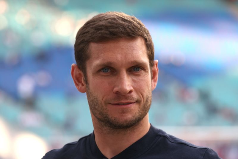LEIPZIG, GERMANY - OCTOBER 03: Moritz Volz, assistent coach of Leipzig looks on prior to the Bundesliga match between RB Leipzig and FC Schalke 04 ...