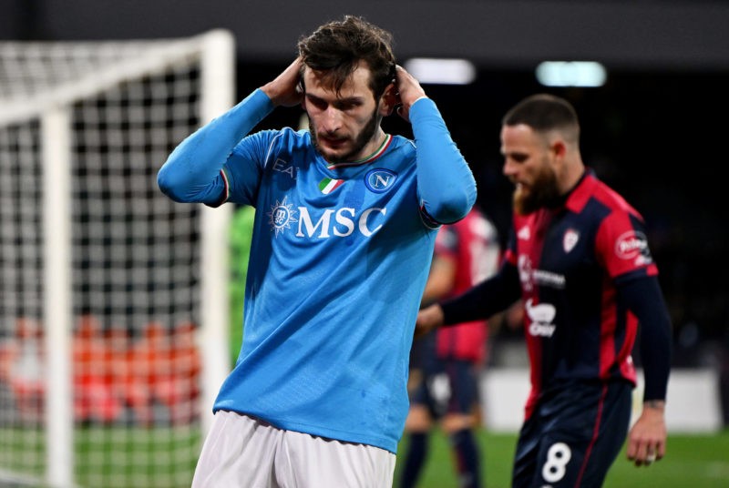 NAPLES, ITALY - DECEMBER 16: Khvicha Kvaratskhelia of SSC Napoli reacts during the Serie A TIM match between SSC Napoli and Cagliari Calcio at Stad...
