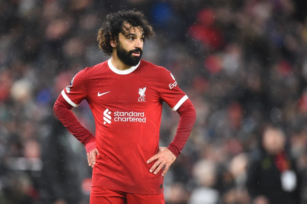 Liverpool's Mohamed Salah looks on during the English Premier League football match between Liverpool and Newcastle United at Anfield in Liverpool,...