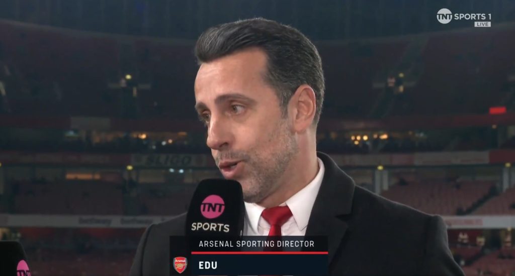 Edu discusses Arsenal's summer targets & calls for a striker 2 Edu Gaspar speaking to TNT Sports (Photo via TNT Sports)