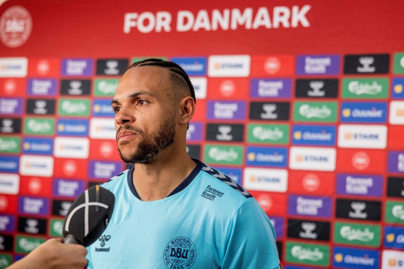 Denmark's Martin Braithwaite addresses the media in Helsingoer, Denmark, on June 14, 2023 ahead of the UEFA Euro 2024 qualifiers. Denmark will play...