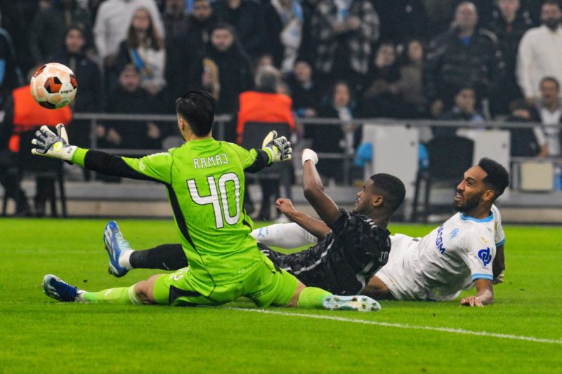 Arsenal eye 22yo Diant Ramaj as Aaron Ramsdale replacement 2 Marseille's French-Gabonese forward #10 Pierre-Emerick Aubameyang (R) vies with Ajax's German goalkeeper #40 Diant Ramaj during the UEFA Europa League Group B football match between Olympique de Marseille and Ajax Amsterdam at the Velodrome Stadium in Marseille, southeastern France, on November 30, 2023. (Photo by NICOLAS TUCAT/AFP via Getty Images)