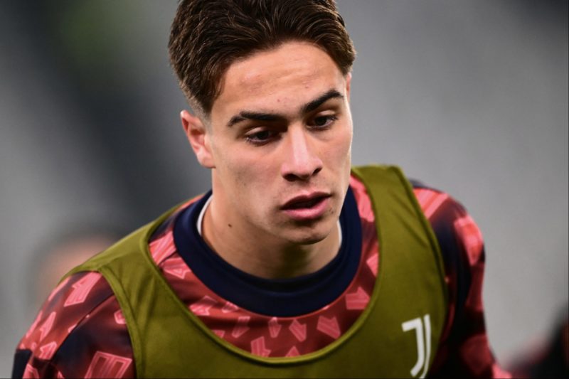 Juventus' Turkish forward Kenan Yildiz warms up before the Italian Serie A football match between Juventus and Sassuolo on January 16, 2024 at the ...