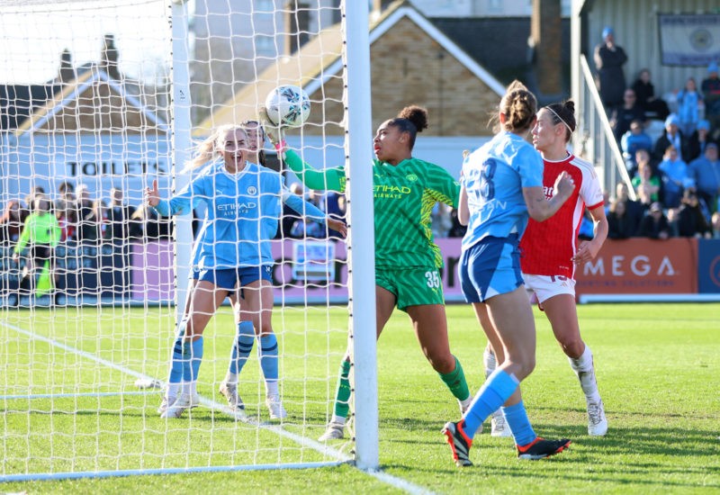 Khiara Keating of Manchester City makes a save on the line during the Adobe Women's FA Cup Fifth Round match between Arsenal and Manchester City at...