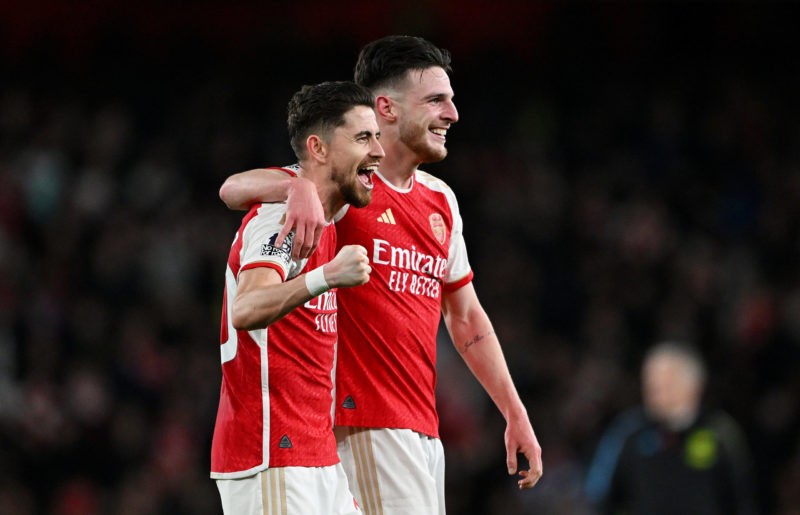 Arteta u-turn! Jorginho set to stay at Arsenal? 2 LONDON, ENGLAND - FEBRUARY 04: Jorginho and Declan Rice of Arsenal celebrate after the team's victory in the Premier League match between Arsenal FC and Liverpool FC at Emirates Stadium on February 04, 2024 in London, England. (Photo by Shaun Botterill/Getty Images)