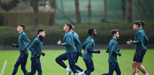 ST ALBANS, ENGLAND - FEBRUARY 20: Gabriel Martinelli of Arsenal and Bukayo Saka of Arsenal during an Arsenal training session ahead of the UEFA Champions League match against Porto at London Colney on February 20, 2024 in St Albans, England. (Photo by Justin Setterfield/Getty Images)