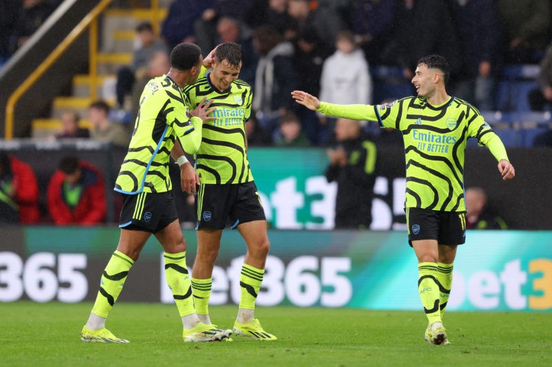 BURNLEY, ENGLAND - FEBRUARY 17: Gabriel (L), Jakub Kiwior (C) and Gabriel Martinelli of Arsenal celebrate after teammate Kai Havertz (not pictured)...