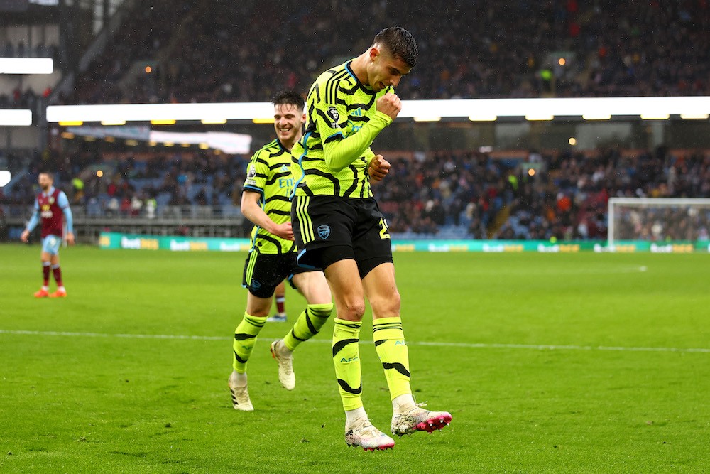 Arsenal "need to keep being focussed" warns goalscorer 4 BURNLEY, ENGLAND: Kai Havertz of Arsenal celebrates after scoring his team's fifth goal during the Premier League match between Burnley FC and Arsenal FC at Turf Moor on February 17, 2024. (Photo by Marc Atkins/Getty Images)