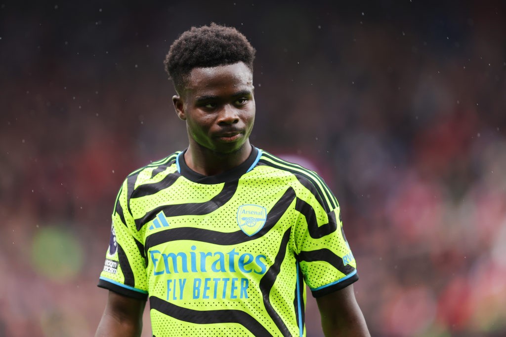 Rio Ferdinand trolls Arsenal fans on flight 4 BURNLEY, ENGLAND - FEBRUARY 17: Bukayo Saka of Arsenal looks on during the Premier League match between Burnley FC and Arsenal FC at Turf Moor on February 17, 2024 in Burnley, England. (Photo by Matt McNulty/Getty Images)
