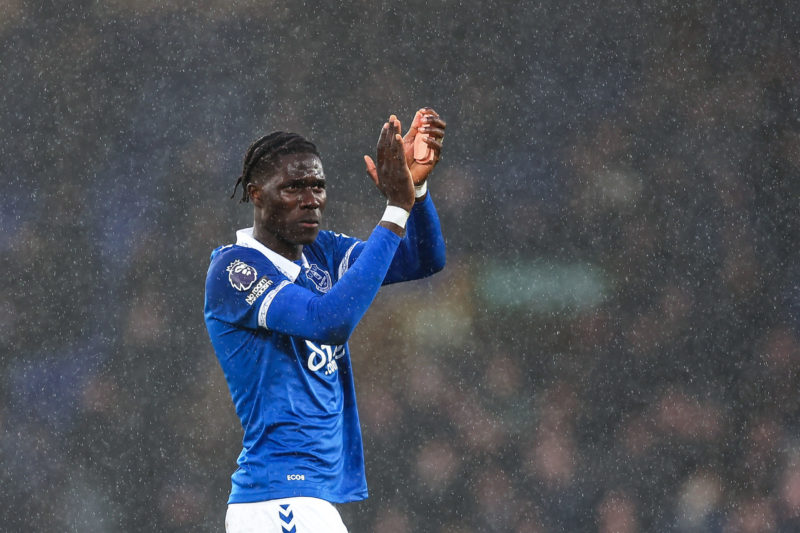 LIVERPOOL, ENGLAND - JANUARY 14: Amadou Onana of Everton acknowledges the fans after the Premier League match between Everton FC and Aston Villa at...