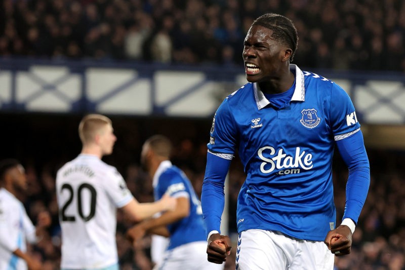 LIVERPOOL, ENGLAND - FEBRUARY 19: Amadou Onana of Everton celebrates scoring their first goal during the Premier League match between Everton FC an...