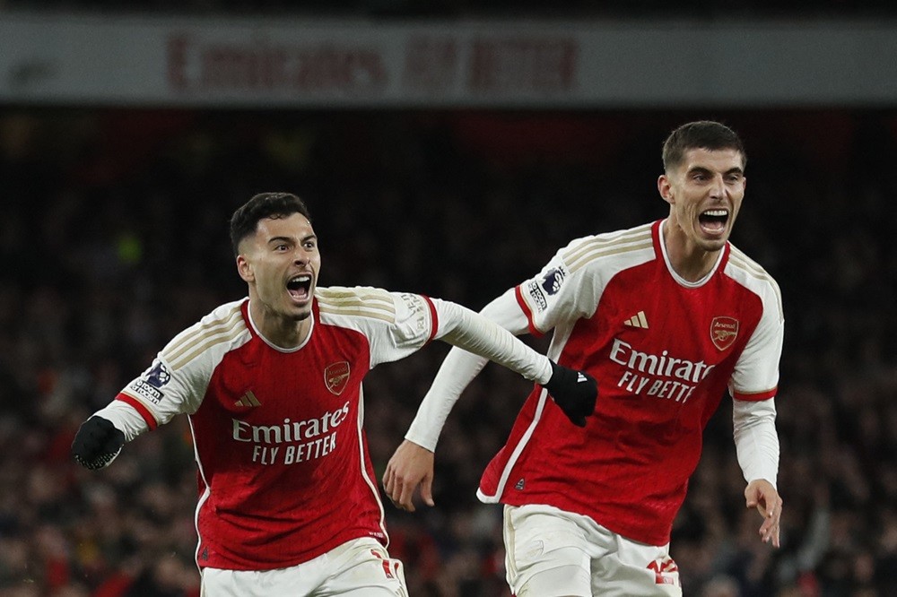 We won't be silenced! Arsenal star defends celebrations 2 Arsenal's Gabriel Martinelli (L) celebrates after scoring his team second goal during the English Premier League football match between Arsenal and Liverpool at the Emirates Stadium in London on February 4, 2024. (Photo by IAN KINGTON/IKIMAGES/AFP via Getty Images)