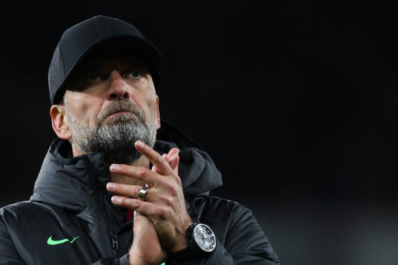Liverpool's German manager Jurgen Klopp applauds at the end of the English Premier League football match between Arsenal and Liverpool at the Emira...