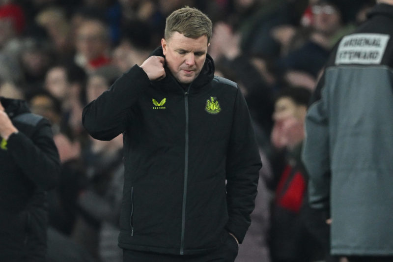 Newcastle United's English head coach Eddie Howe reacts on the final whistle in the English Premier League football match between Arsenal and Newca...