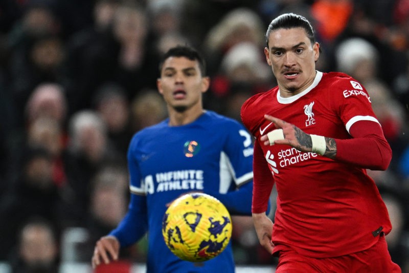 Arsenal vs Liverpool: Nunez battles foot injury ahead of Emirates showdown 2 Liverpool's Uruguayan striker #09 Darwin Nunez (R) eyes the ball during the English Premier League football match between Liverpool and Chelsea at Anfield in Liverpool, north west England on January 31, 2024. (Photo by PAUL ELLIS/AFP via Getty Images)