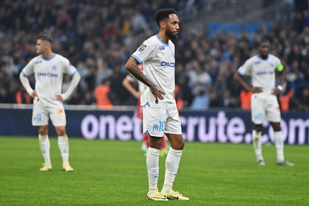 Maitland-Niles denies Aubameyang in Ligue 1 clash 4 Marseille's Pierre-Emerick Aubameyang (C) reacts during the French L1 football match between Olympique de Marseille (OM) and AS Monaco at the Velodrome stadium in Marseille, on January 27, 2024. (Photo by SYLVAIN THOMAS/AFP via Getty Images)