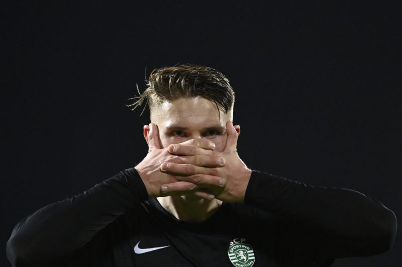 Sporting Lisbon's Swedish forward #09 Viktor Gyokeres celebrates scoring during the Portuguese League football match between Rio Ave FC and Sportin...