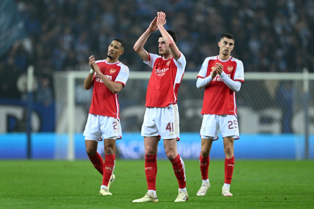 Porto vs Arsenal hit new low for last-16 Champions League football 4 PORTO, PORTUGAL - FEBRUARY 21: William Saliba, Declan Rice and Kai Havertz of Arsenal applaud their fans after during the UEFA Champions League 2023/24 round of 16 first leg match between FC Porto and Arsenal FC at Estadio do Dragao on February 21, 2024 in Porto, Portugal. (Photo by David Ramos/Getty Images)