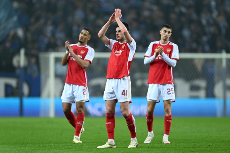 PORTO, PORTUGAL - FEBRUARY 21: William Saliba, Declan Rice and Kai Havertz of Arsenal applaud their fans after during the UEFA Champions League 202...