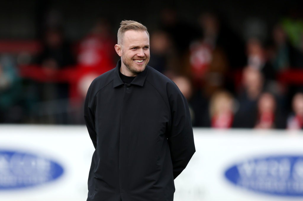 DAGENHAM, ENGLAND - FEBRUARY 04: Jonas Eidevall, Manager of Arsenal, inspects the pitch prior to the Barclays Women's Super League match between West Ham United and Arsenal FC at Chigwell Construction Stadium on February 04, 2024 in Dagenham, England. (Photo by Richard Pelham/Getty Images)