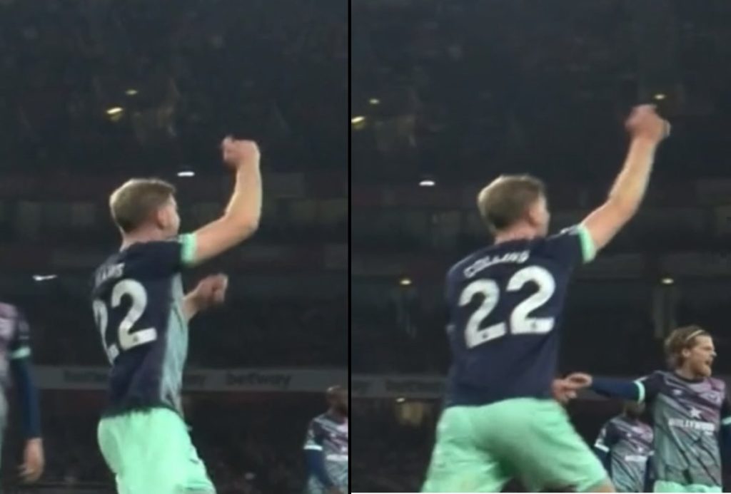 Nathan Collins brandishes an imaginary yellow card (Images via Arsenal.com)