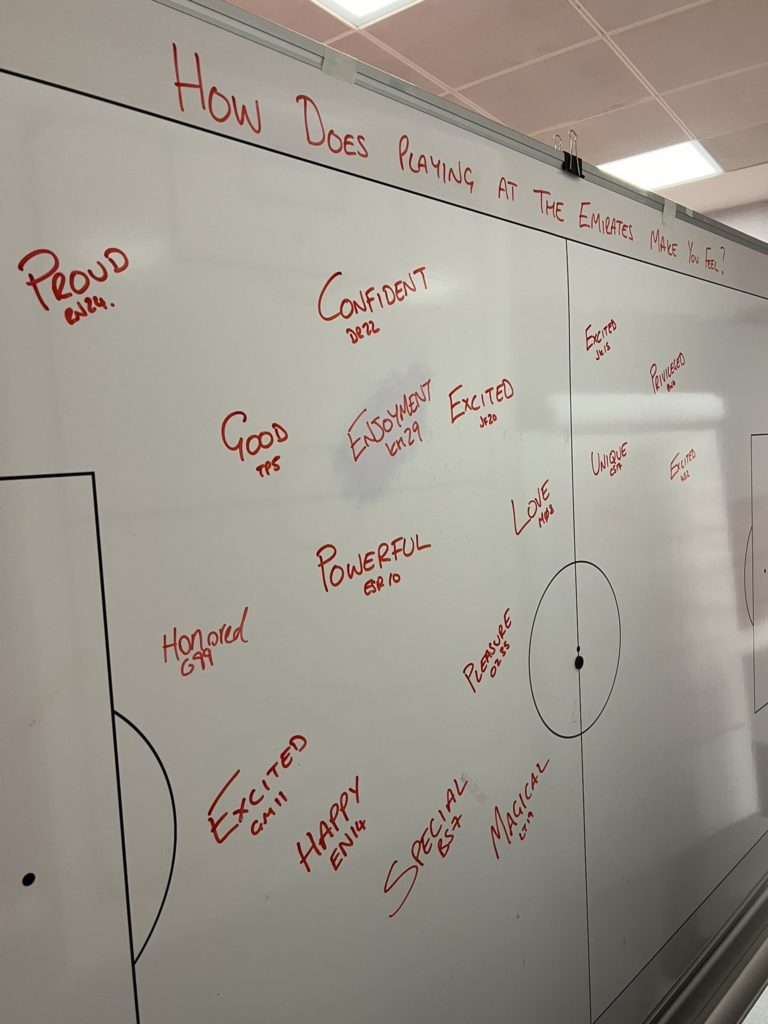 Arsenal players describe playing at the Emirates in 1 word 4 A whiteboard at the Emirates Stadium (Photo via GiantCalGunner on Twitter)