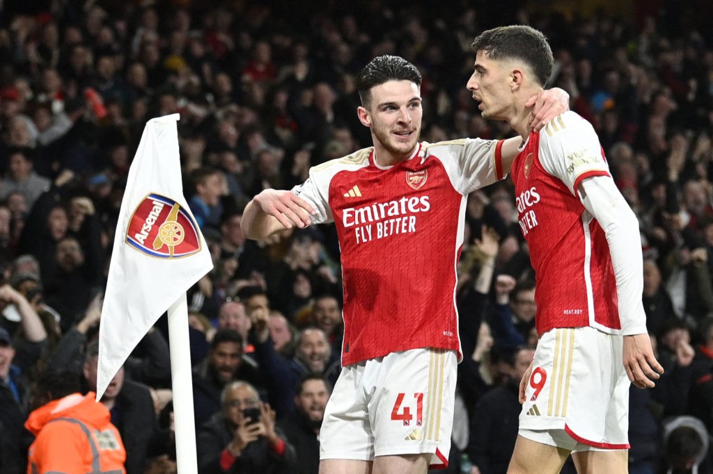 Which Arsenal players are at risk of yellow-card suspensions? 4 Arsenal's German midfielder #29 Kai Havertz (r) celebrates scoring the team's second goal WITH Arsenal's English midfielder #41 Declan Rice during the English Premier League football match between Arsenal and Brentford at the Emirates Stadium in London on March 9, 2024. (Photo by JUSTIN TALLIS/AFP via Getty Images)