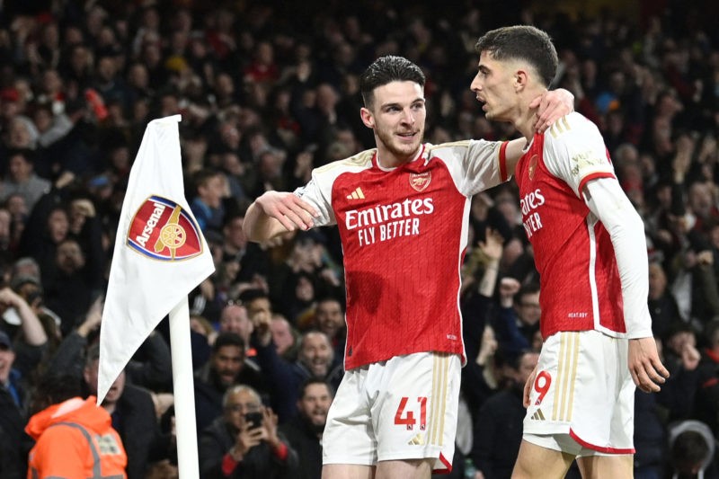 Arsenal's German midfielder #29 Kai Havertz (r) celebrates scoring the team's second goal WITH Arsenal's English midfielder #41 Declan Rice during ...