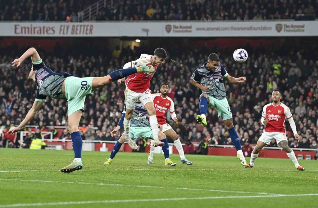 Arsenal's German midfielder #29 Kai Havertz scores the team's second goal during the English Premier League football match between Arsenal and Brentford at the Emirates Stadium in London on March 9, 2024. (Photo by JUSTIN TALLIS/AFP via Getty Images)