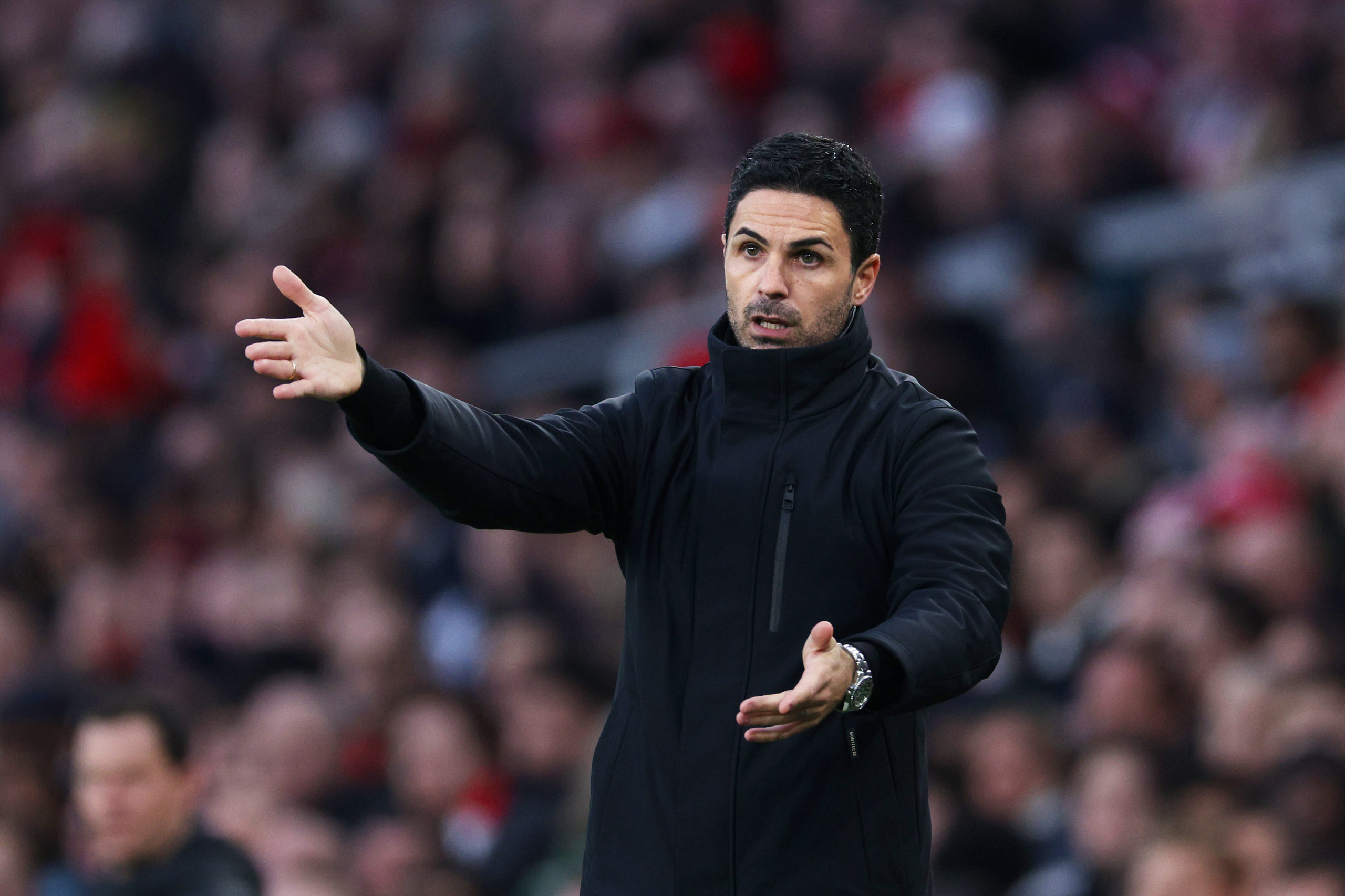 Mikel Arteta, Manager of Arsenal, reacts during the Premier League match between Arsenal FC and Brentford FC at Emirates Stadium on March 09, 2024 ...